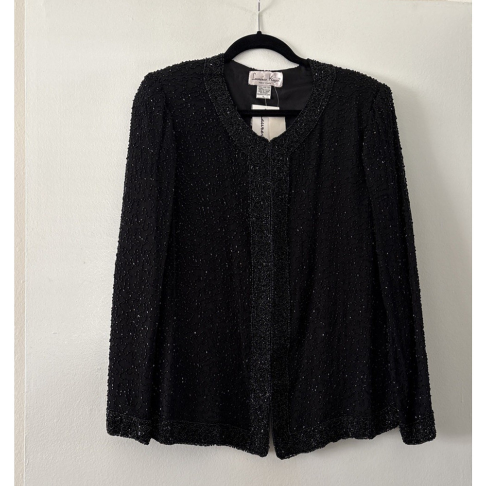 NWT Laurence Kazar Beaded Black Hook Eye Jacket XL 80s Silk Cocktail Vintage